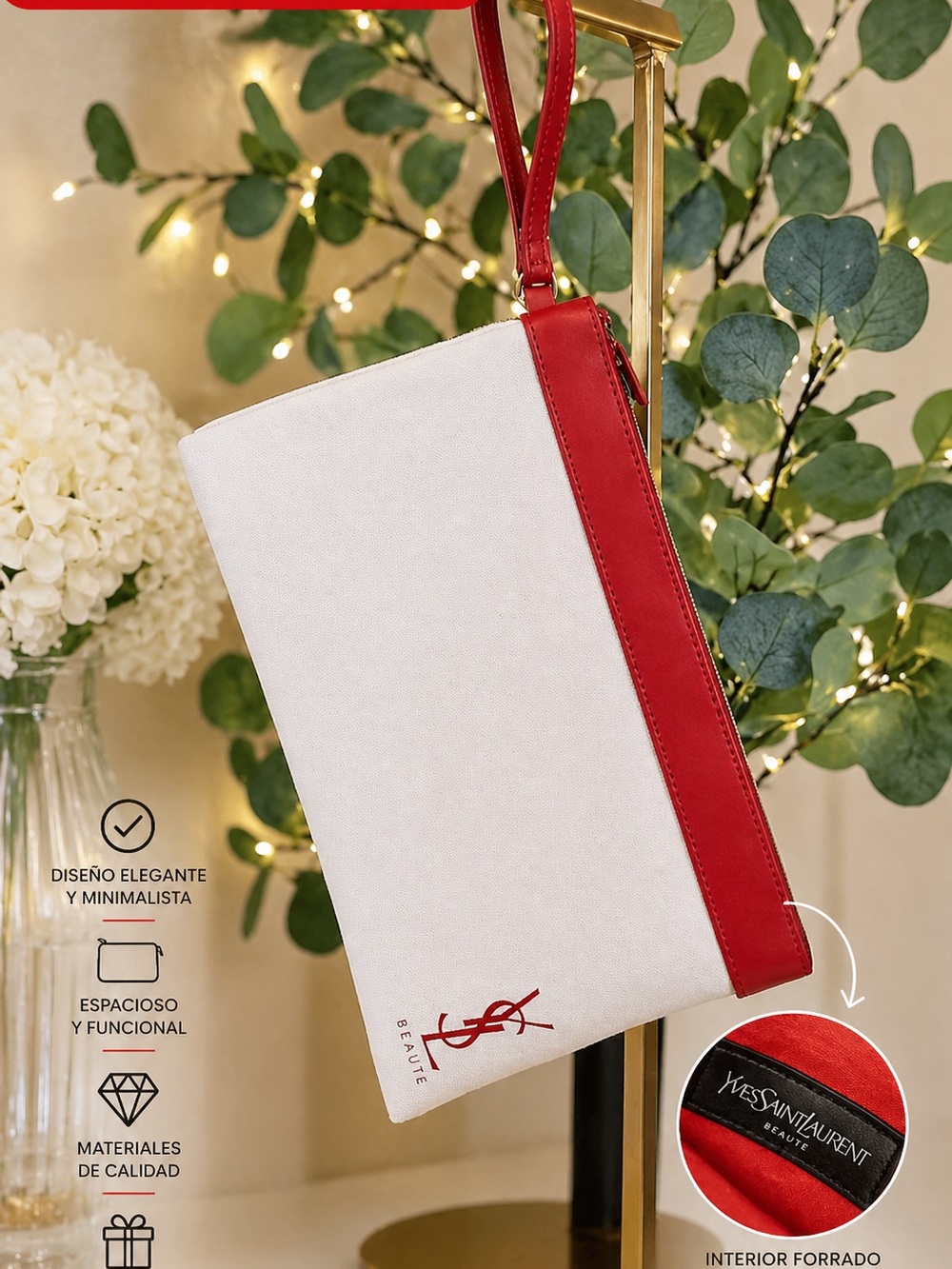 Yves Saint Laurent White Canvas & Red Trim Wristlet